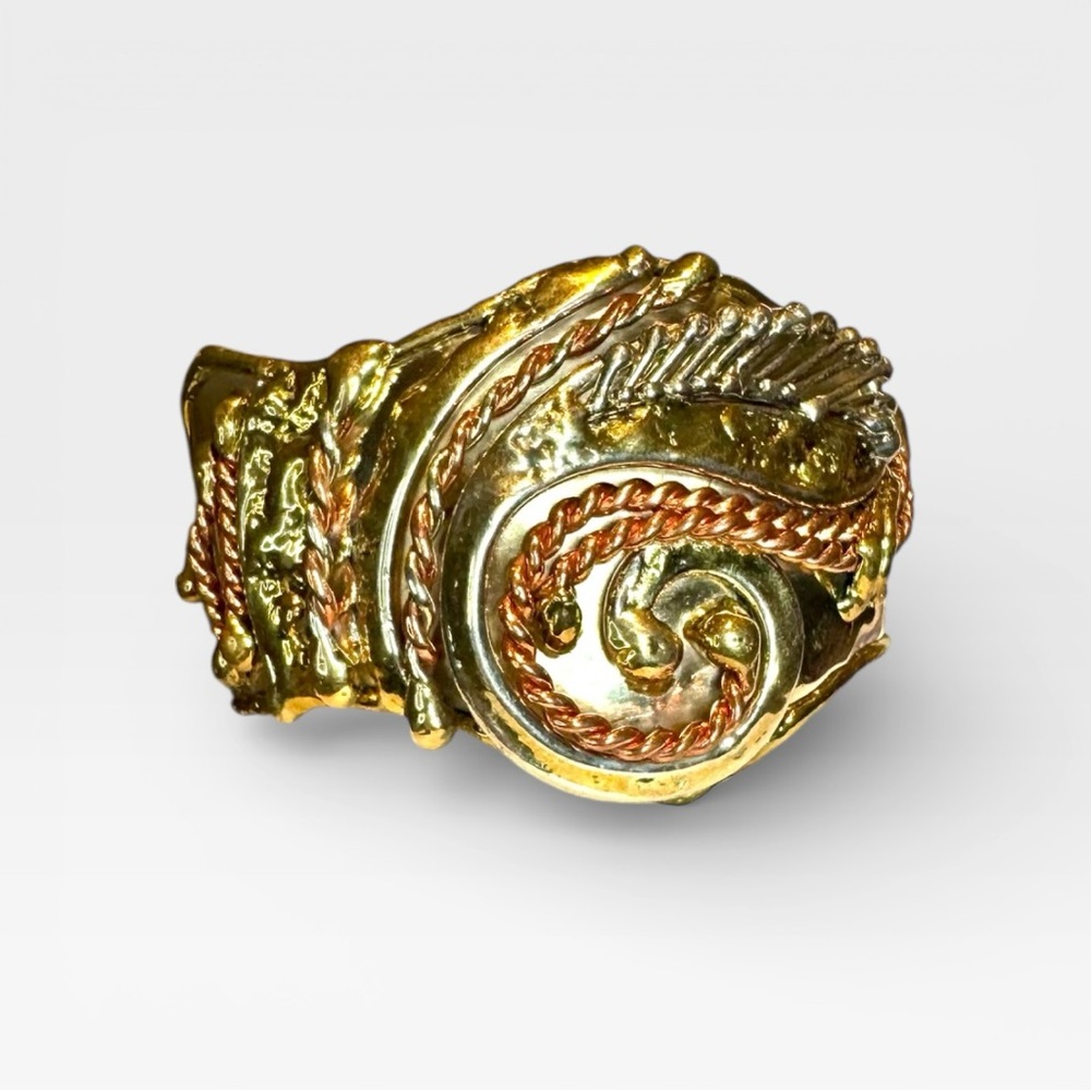 VINTAGE ARTISAN 1970s Brutalist Mixed Metal Bangle Cuff Bracelet, Adjustable - Picture 6 of 13